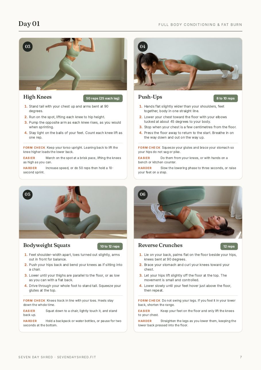 A page of four exercise cards with photos and instructions